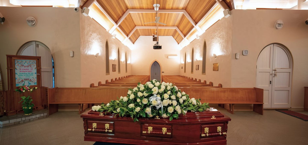 coffin in a chapel